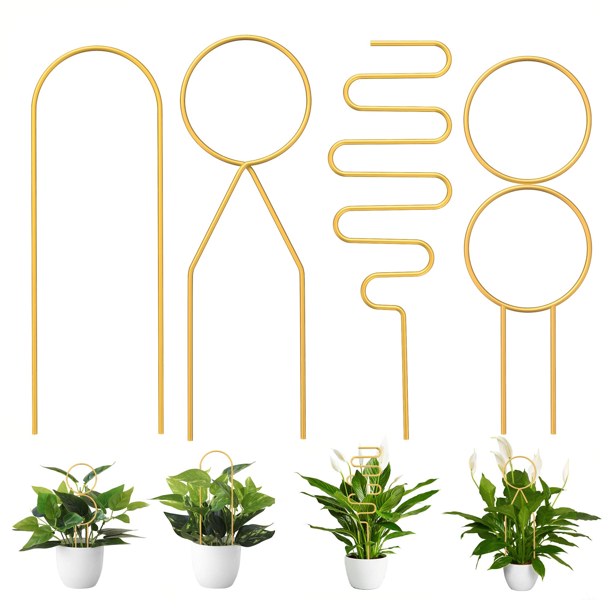 CANIPHA gold metal trellis 4-pack for indoor potted plants supports climbing vines.