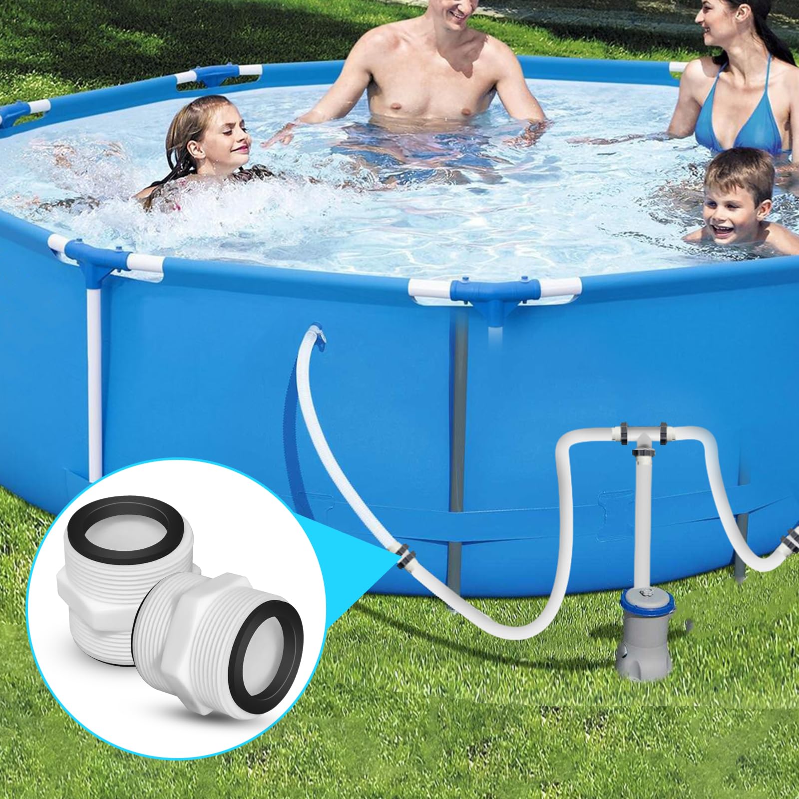 Includes two adapters for flexible pool hose routing.