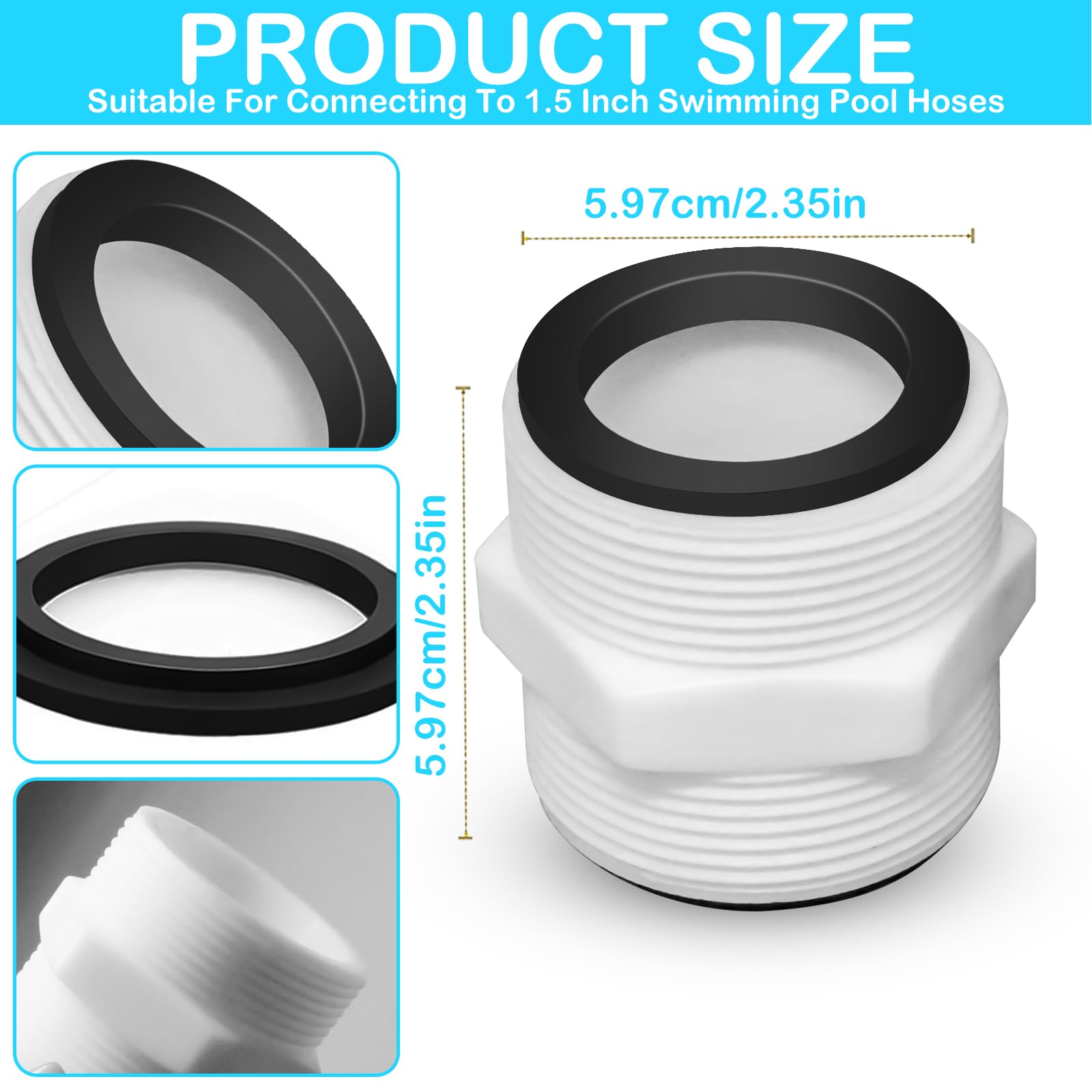 Double-ended connection supports 1.5-inch hoses for Intex and Coleman pools.