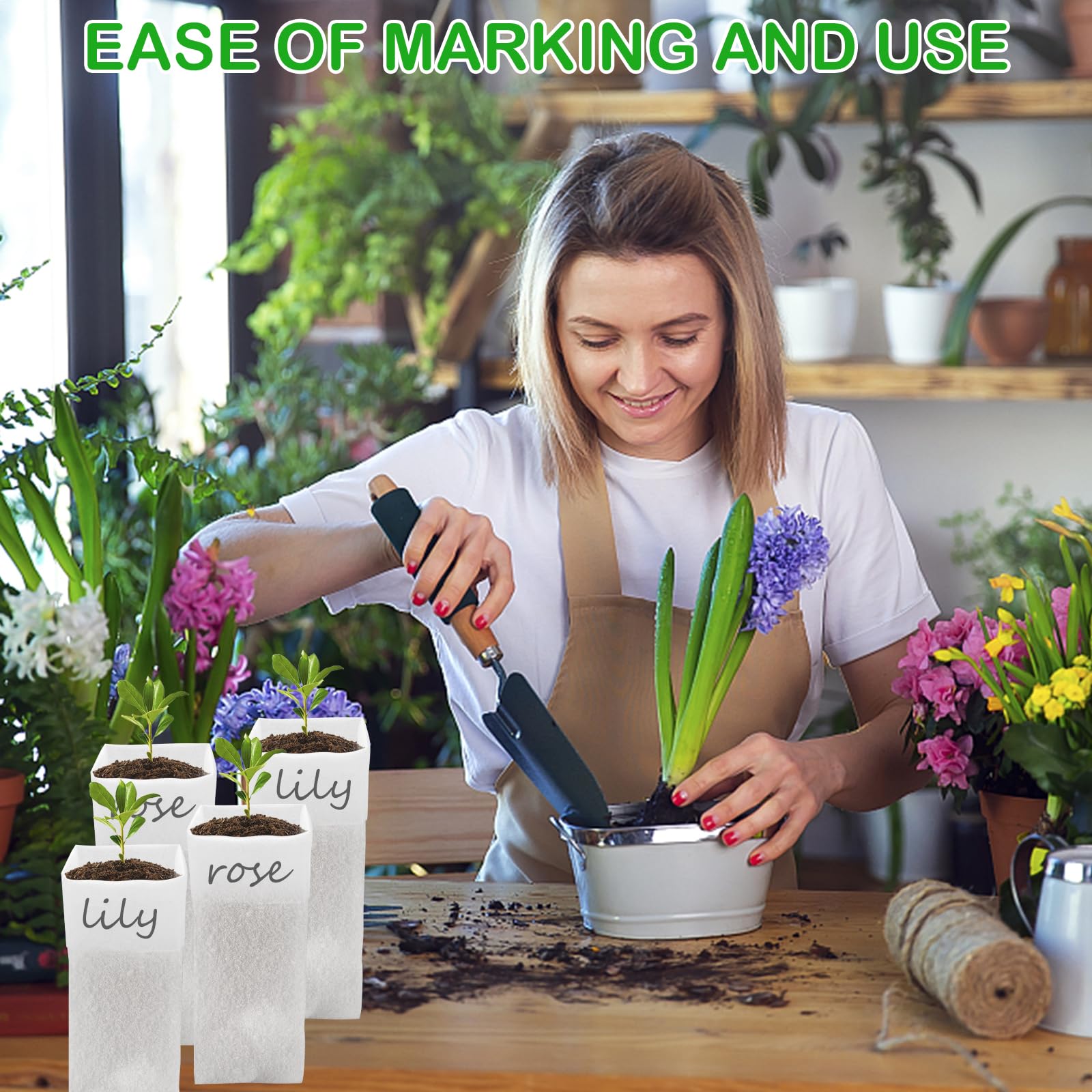 CANIPHA white grow bags with marking area help identify plants efficiently.