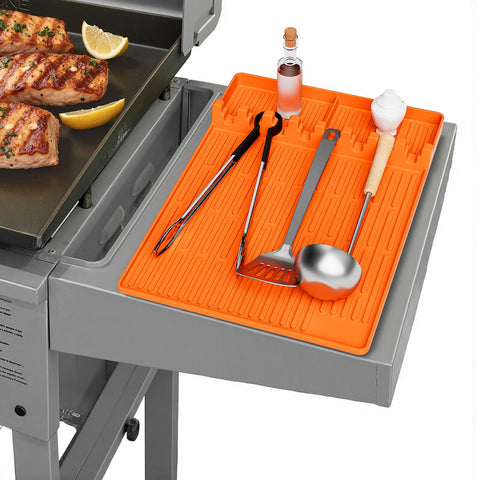 CANIVI Grill Pad on Blackstone side shelf stores utensils and jars.