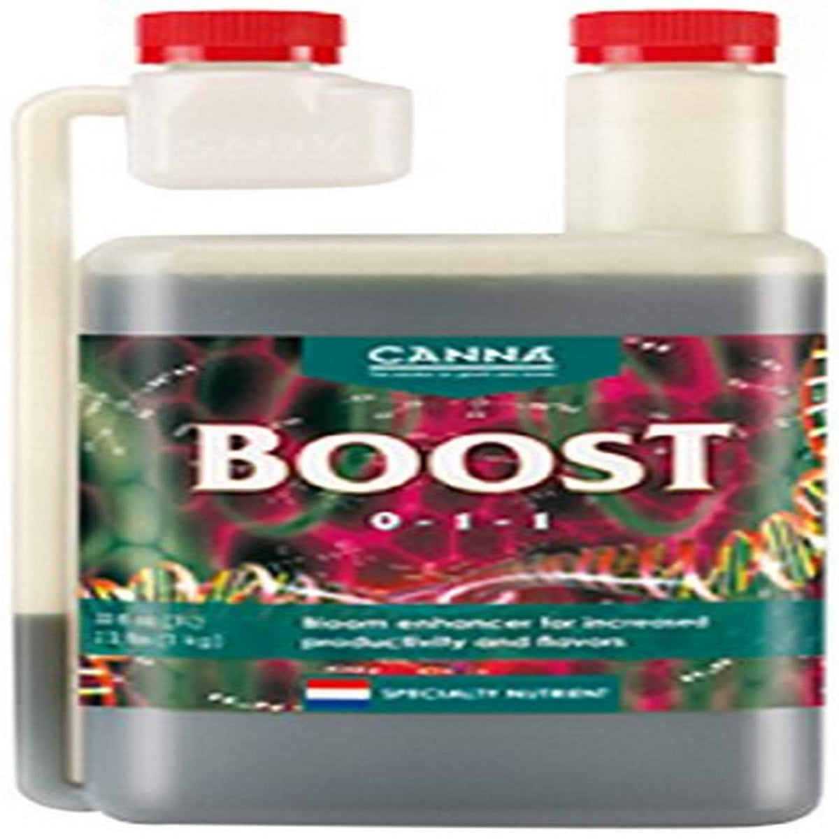 Canna Boost Accelerator bottle pour demonstrates easy dosing for flowering stimulation