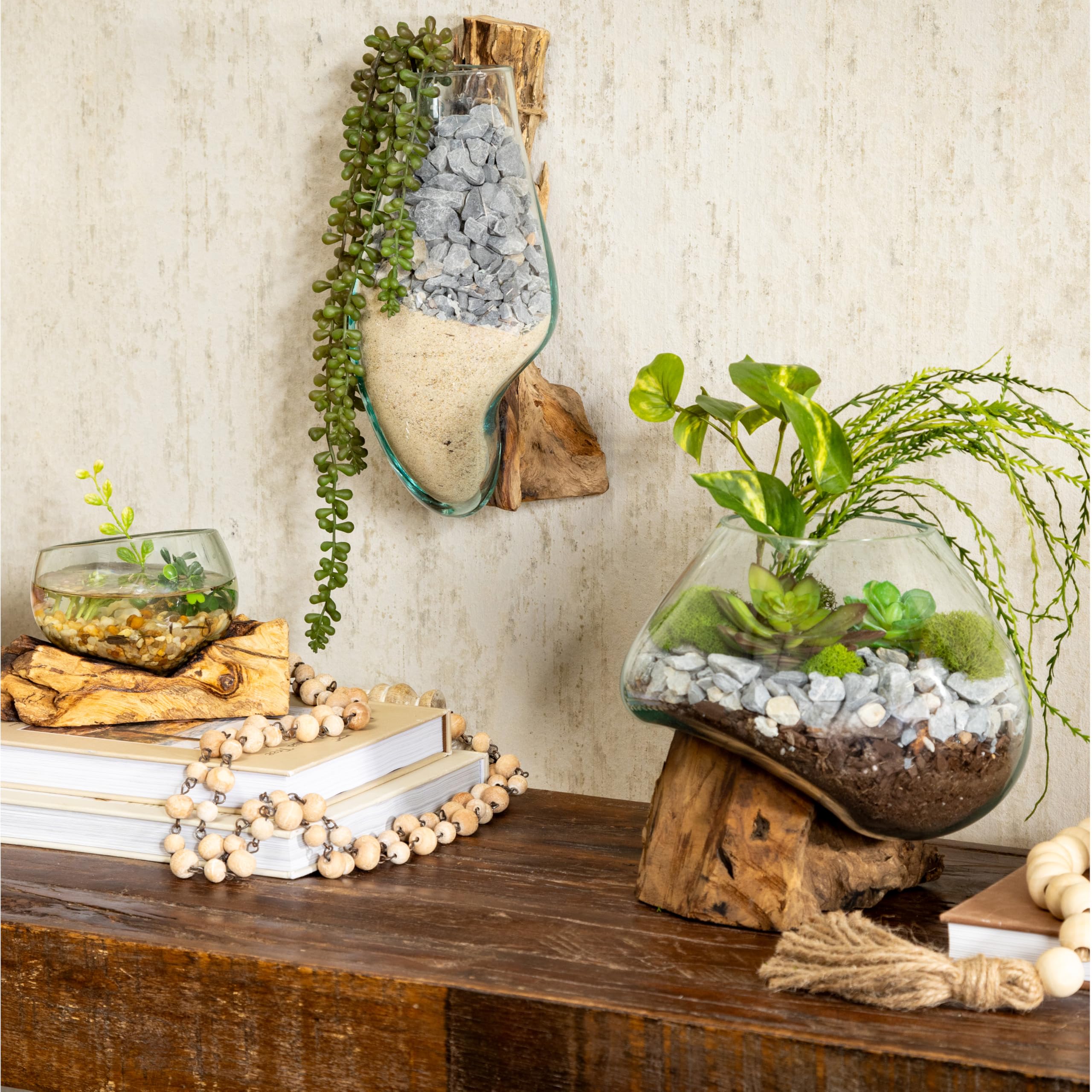 Cape Craftsmen blue glass terrarium can host succulents, air plants, or tiny ferns.
