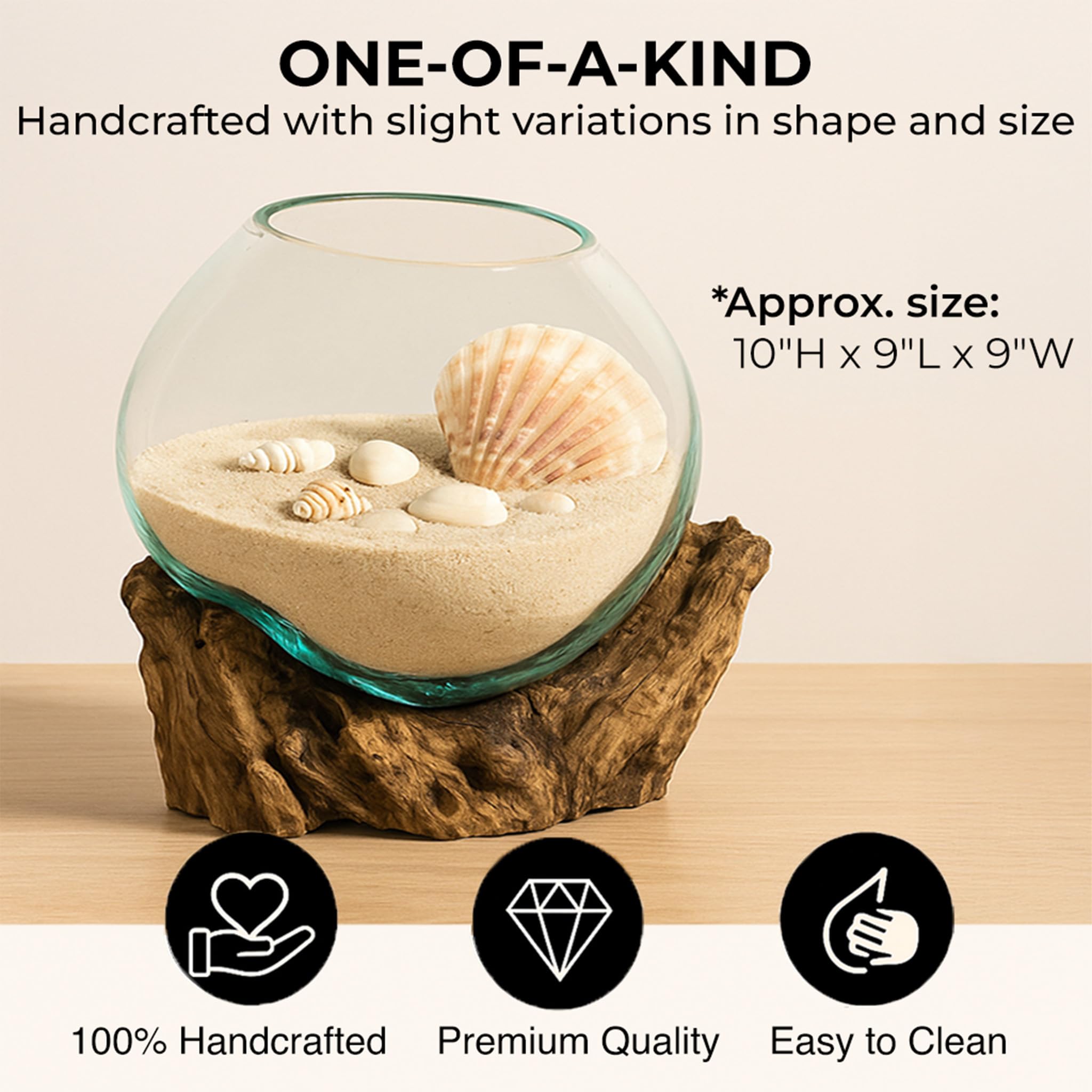 Cape Craftsmen driftwood stand supports glass terrarium for a stable tabletop display.