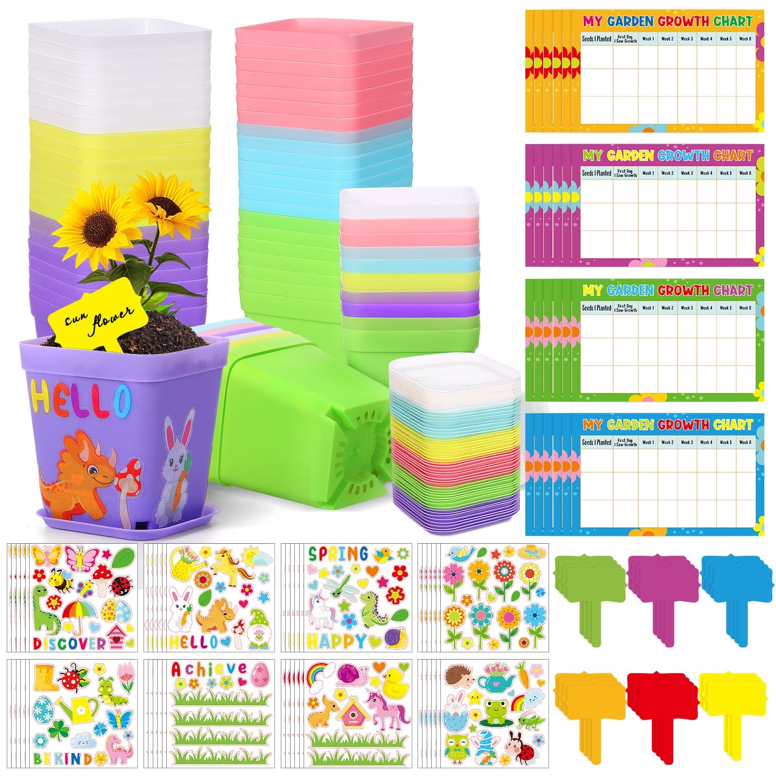 Capoda 48-set garden pots kit with plastic pots for classroom crafts and planting.