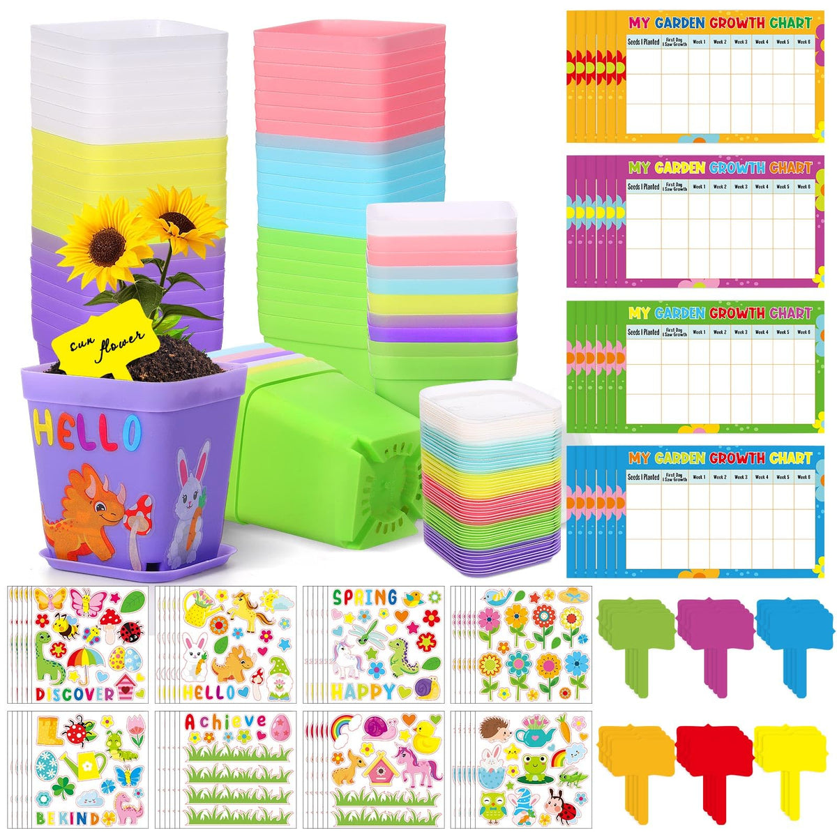 Capoda 48-set garden pots kit with plastic pots for classroom crafts and planting.