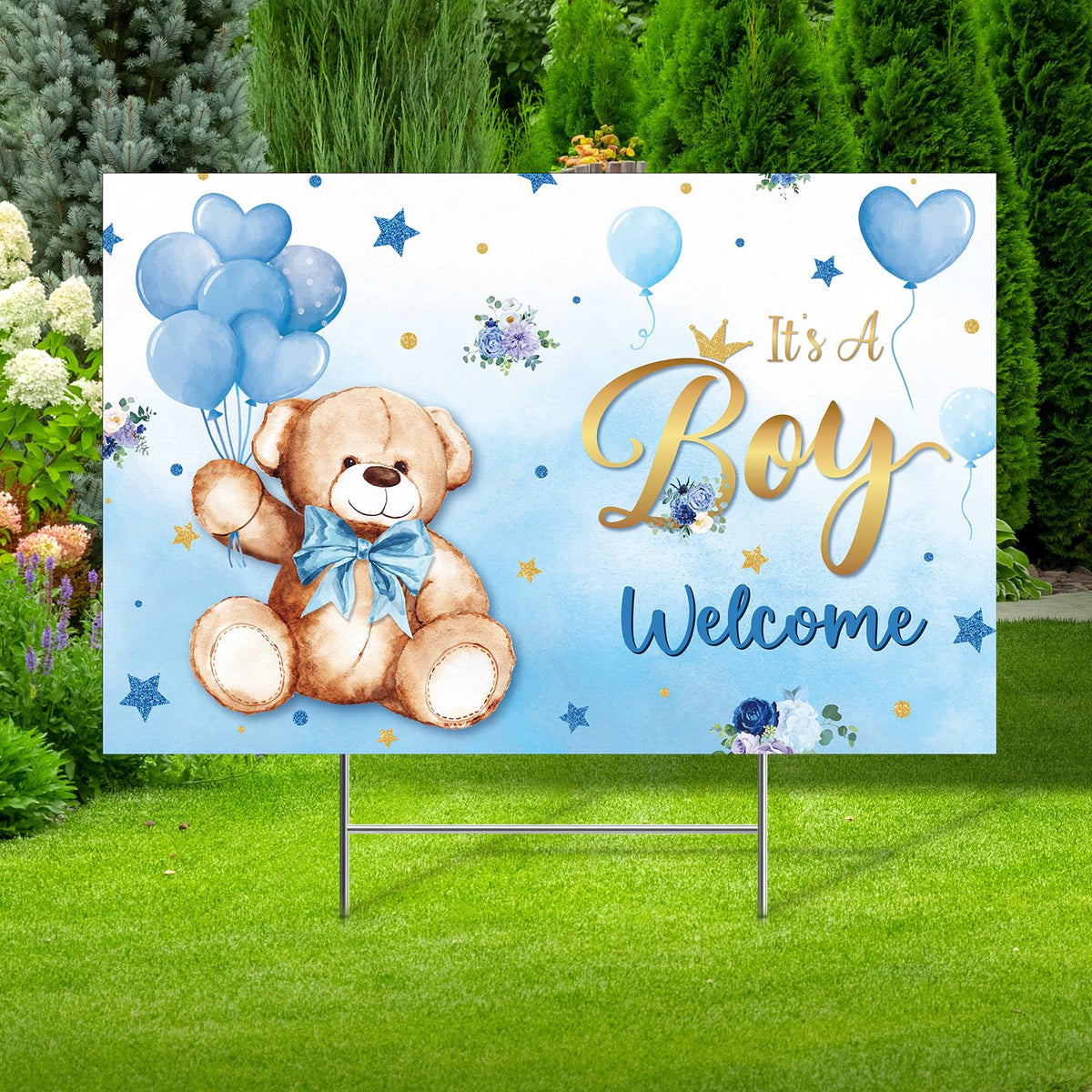 Capoda baby shower yard sign with blue bears for outdoor gender reveal.