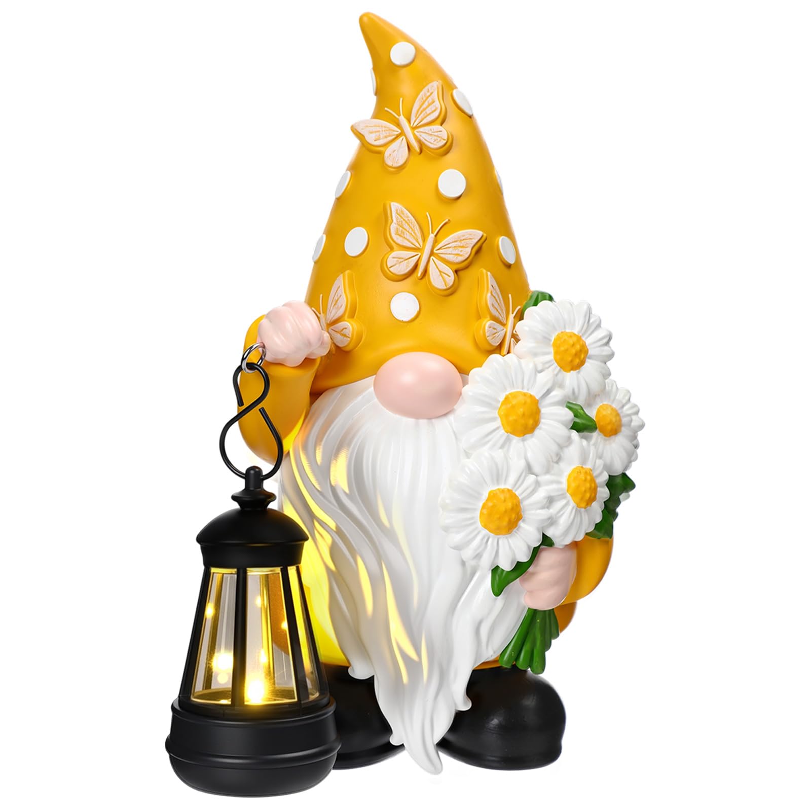 Capoda Solar Spring Gnome holding lantern in sunny garden for ambient lighting