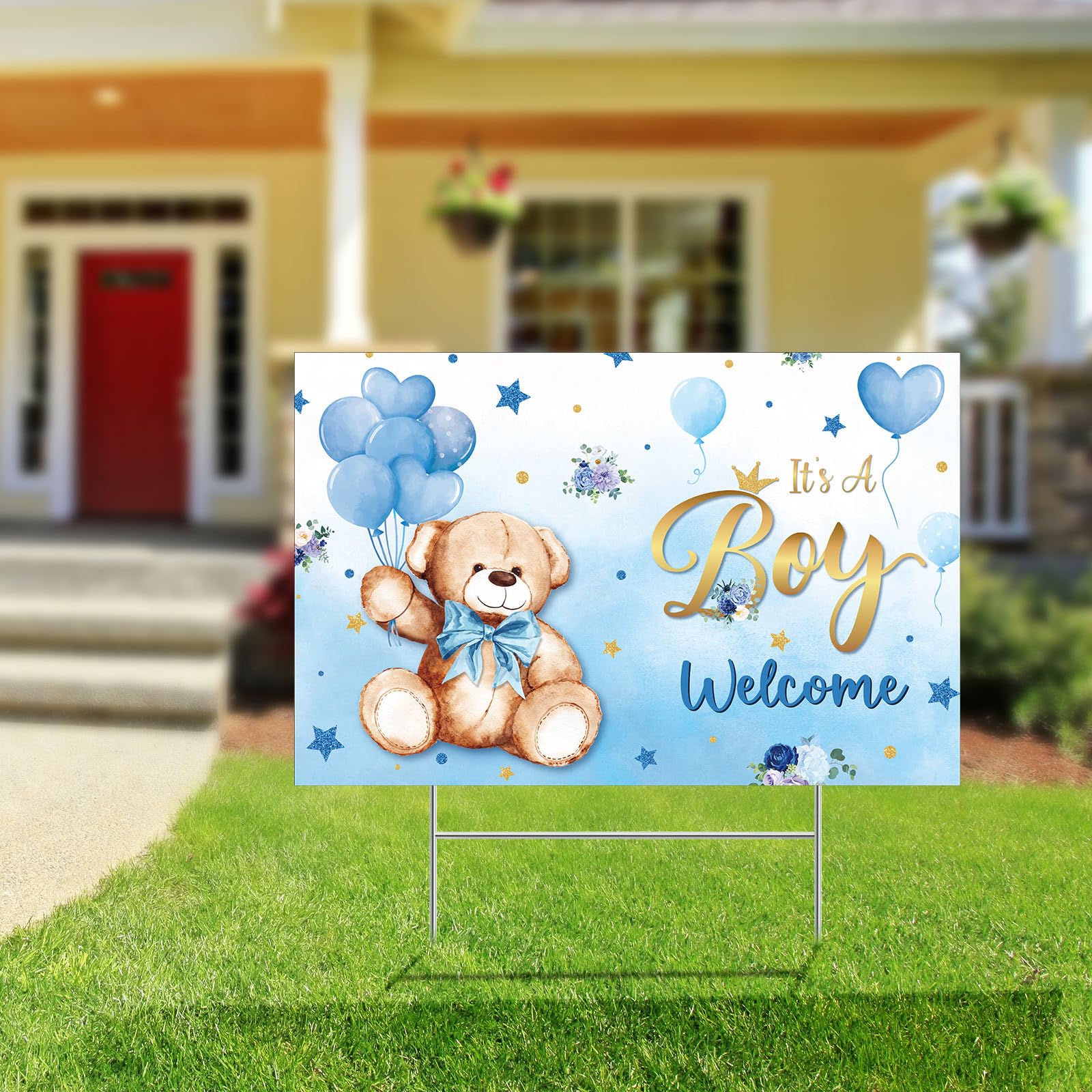 Capoda welcome baby yard sign with flowers and balloons for celebrations.