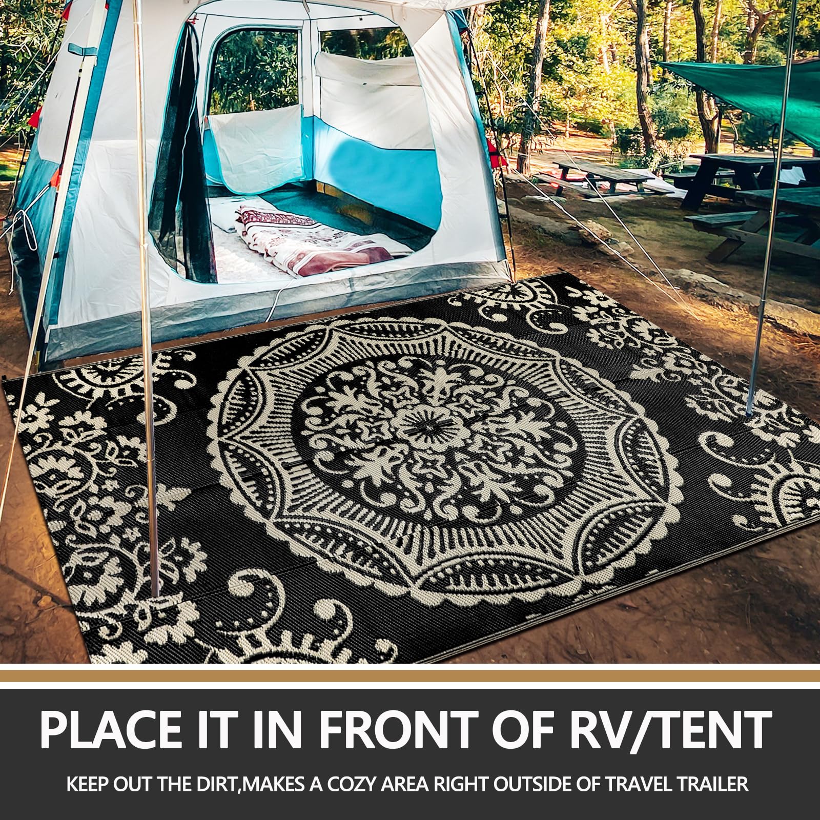 Capslpad 5x8 foldable rug with carry bag for travel storage.