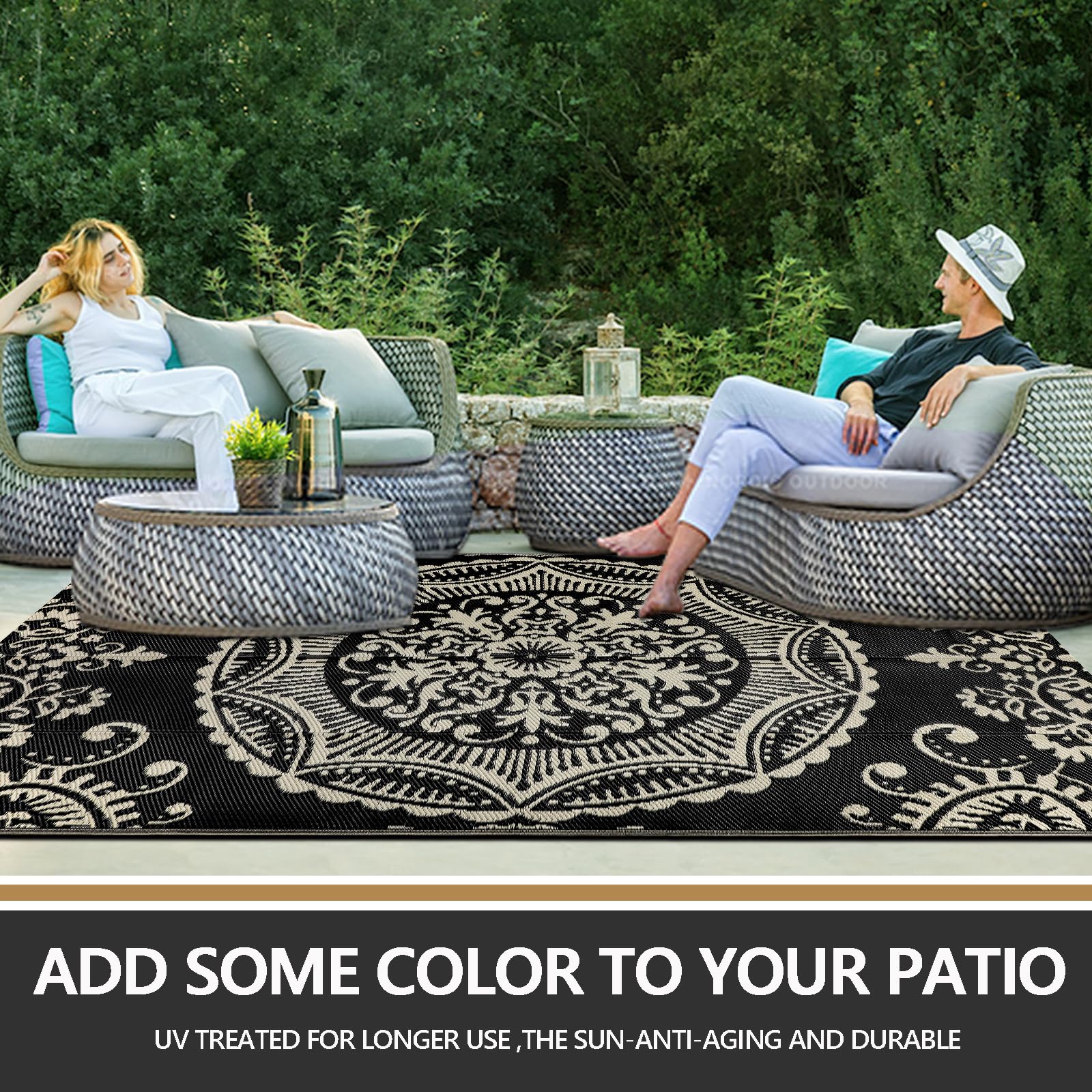 Capslpad indoor-outdoor rug versatile for patios, decks, balconies.