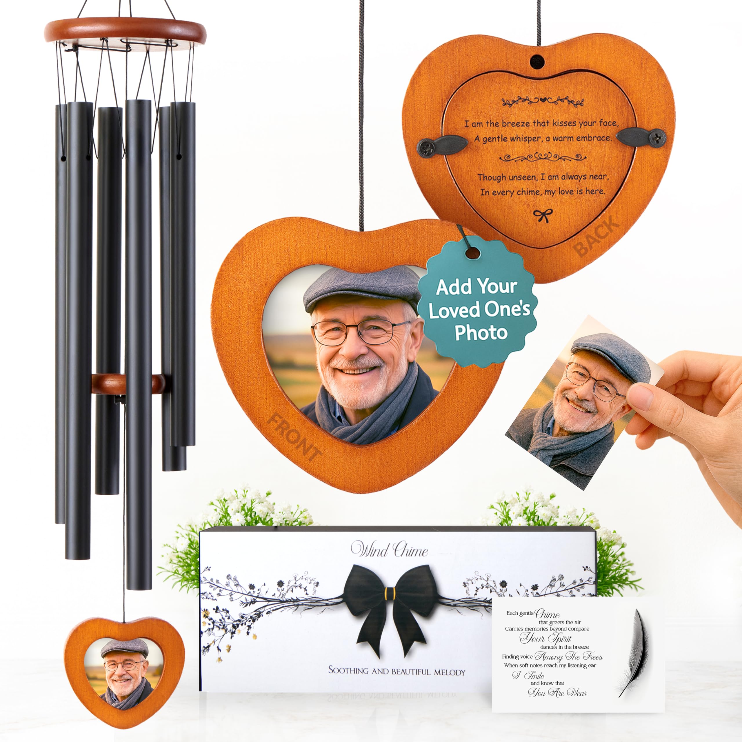 Captain Decor memorial wind chimes with photo frame in garden setting for remembrance.