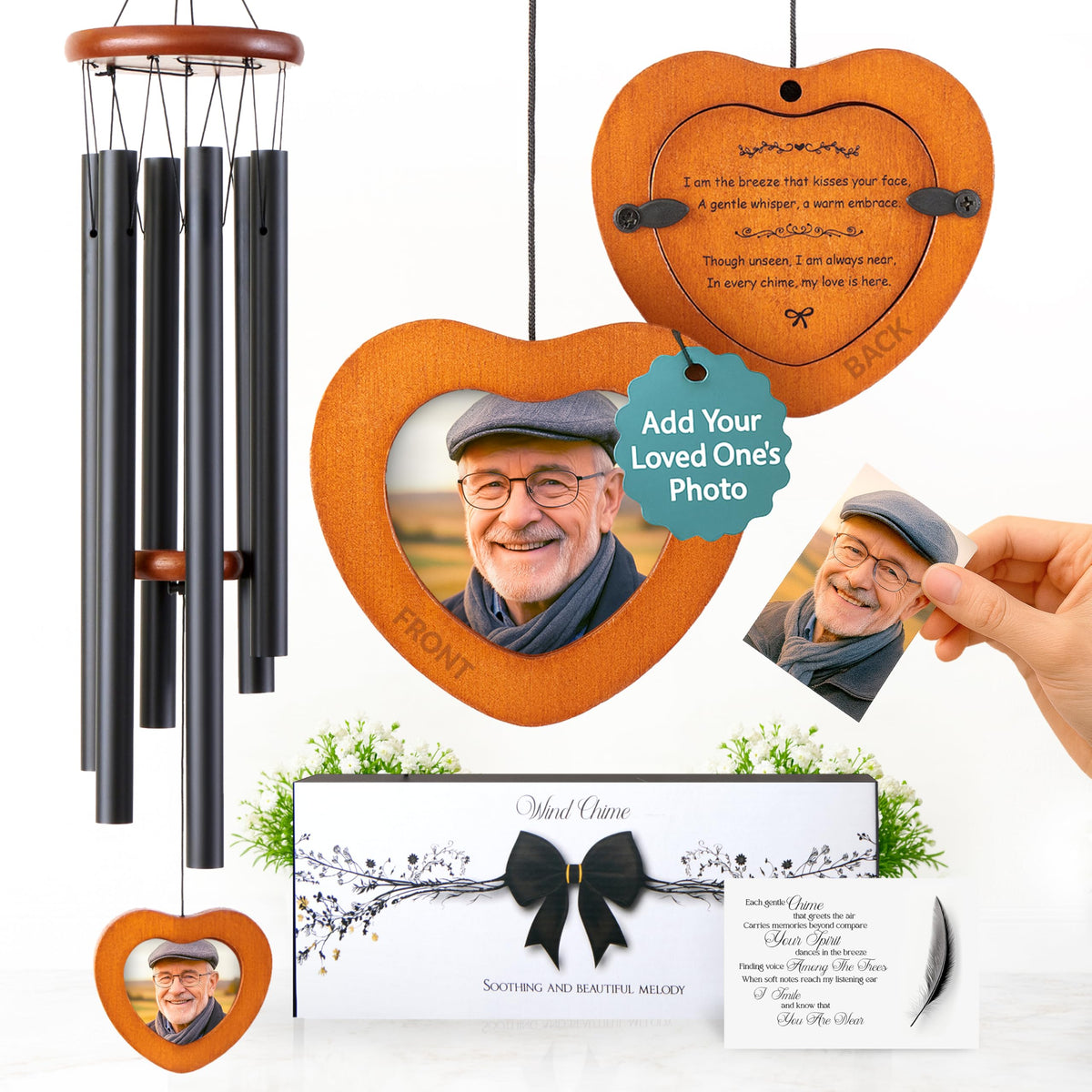 Captain Decor memorial wind chimes with photo frame in garden setting for remembrance.