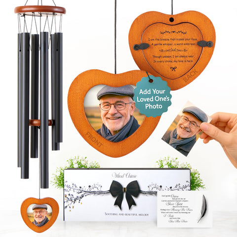 Captain Decor memorial wind chimes with photo frame in garden setting for remembrance.