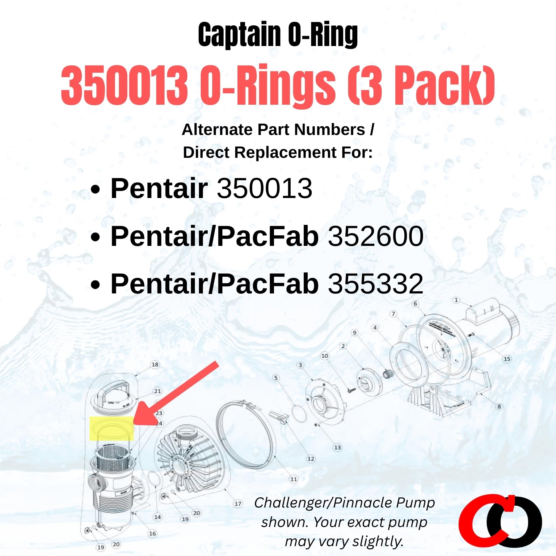 Captain O-Ring 350013 dimensions image showing inner diameter and thickness for precise fit.