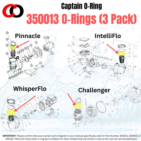 Captain O-Ring 350013 compatible pump models image shows Pentair and Sta-Rite compatibility.