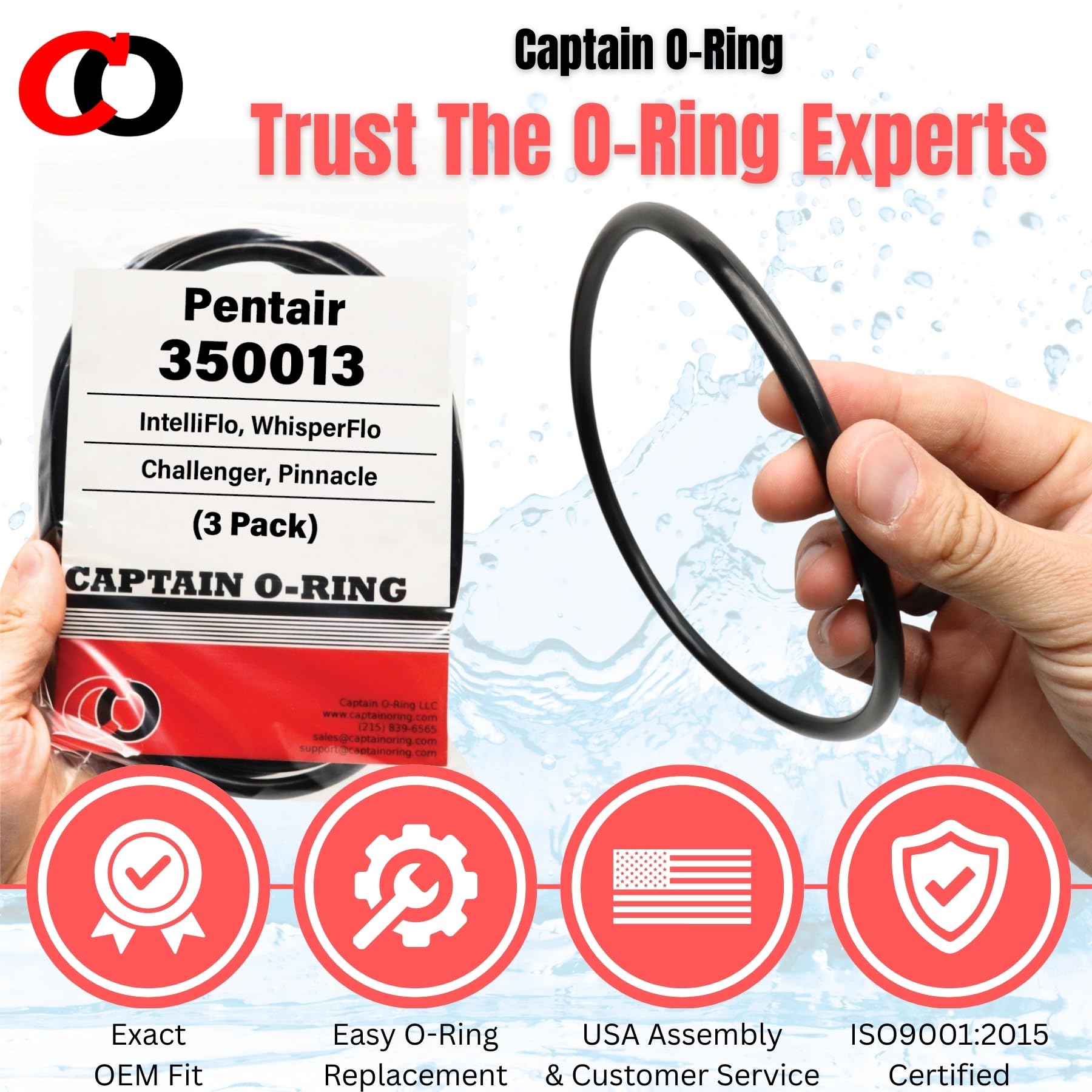 Captain O-Ring 350013 USA-made image highlights local assembly and warranty.