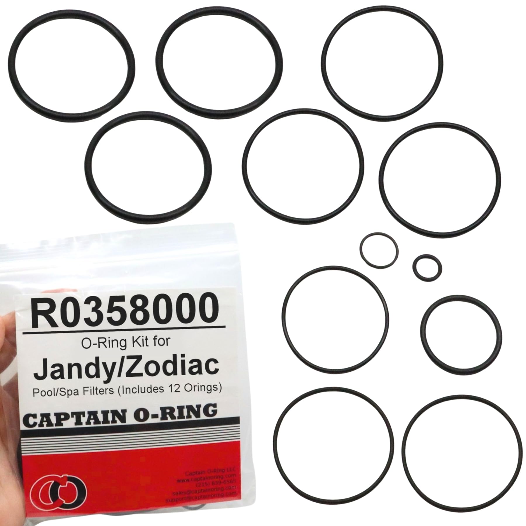 Captain O-Ring R0358000 kit for Jandy/Zodiac filters, twelve o-rings ready for replacement.