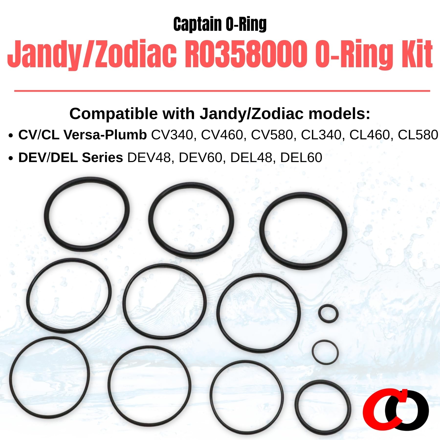 Captain O-Ring R0358000 close-up of twelve o-rings for pool filter maintenance.