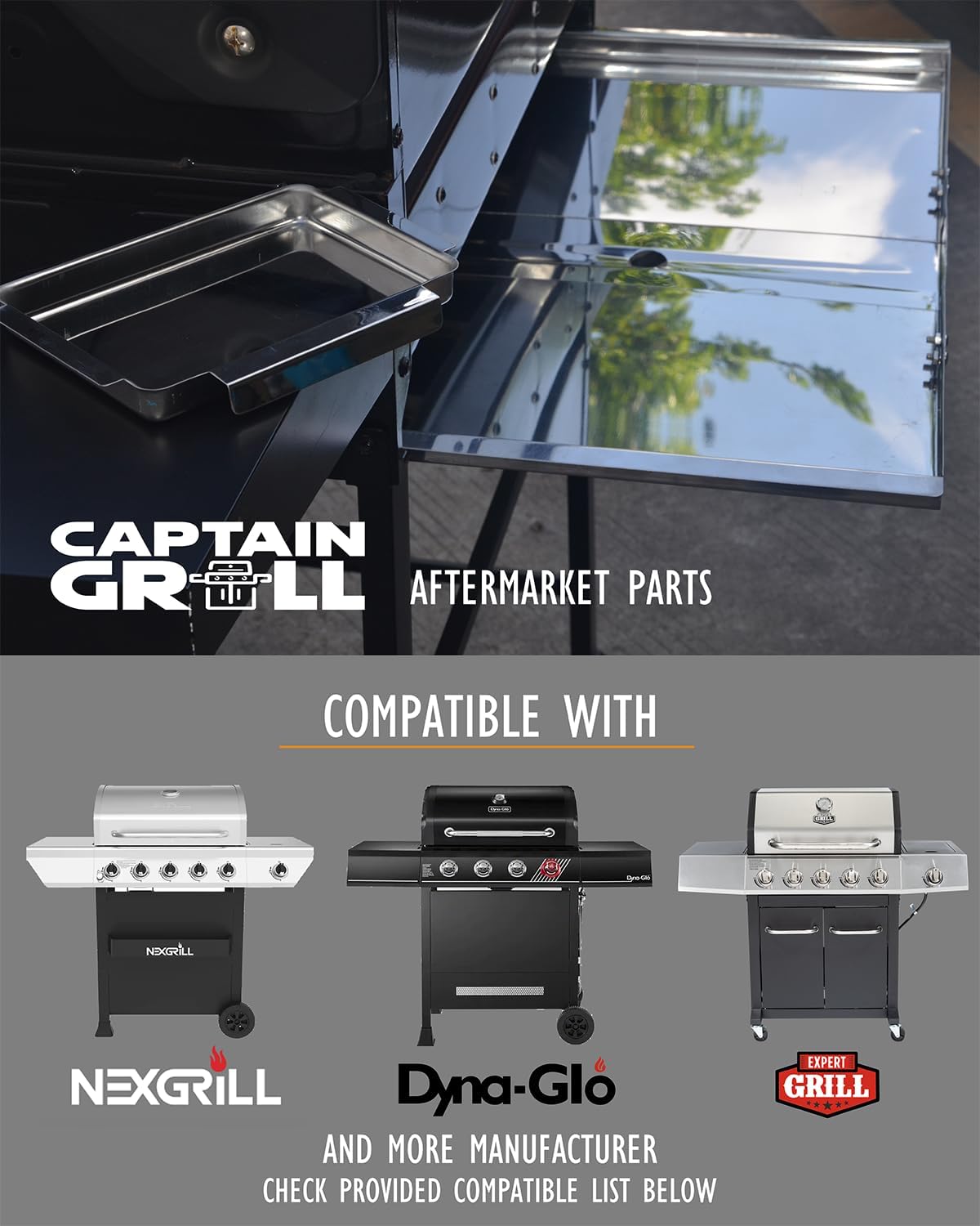 CaptainGrill adjustable-width tray fits 24–30 inch grills.