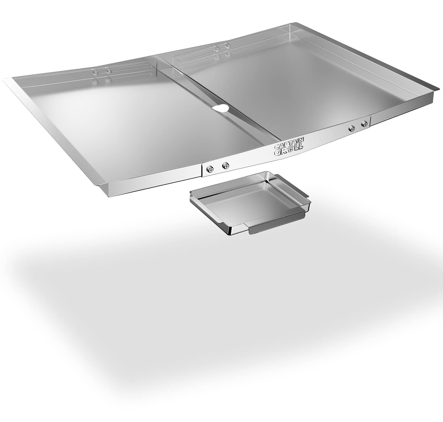 CaptainGrill grease tray side view in durable stainless steel.