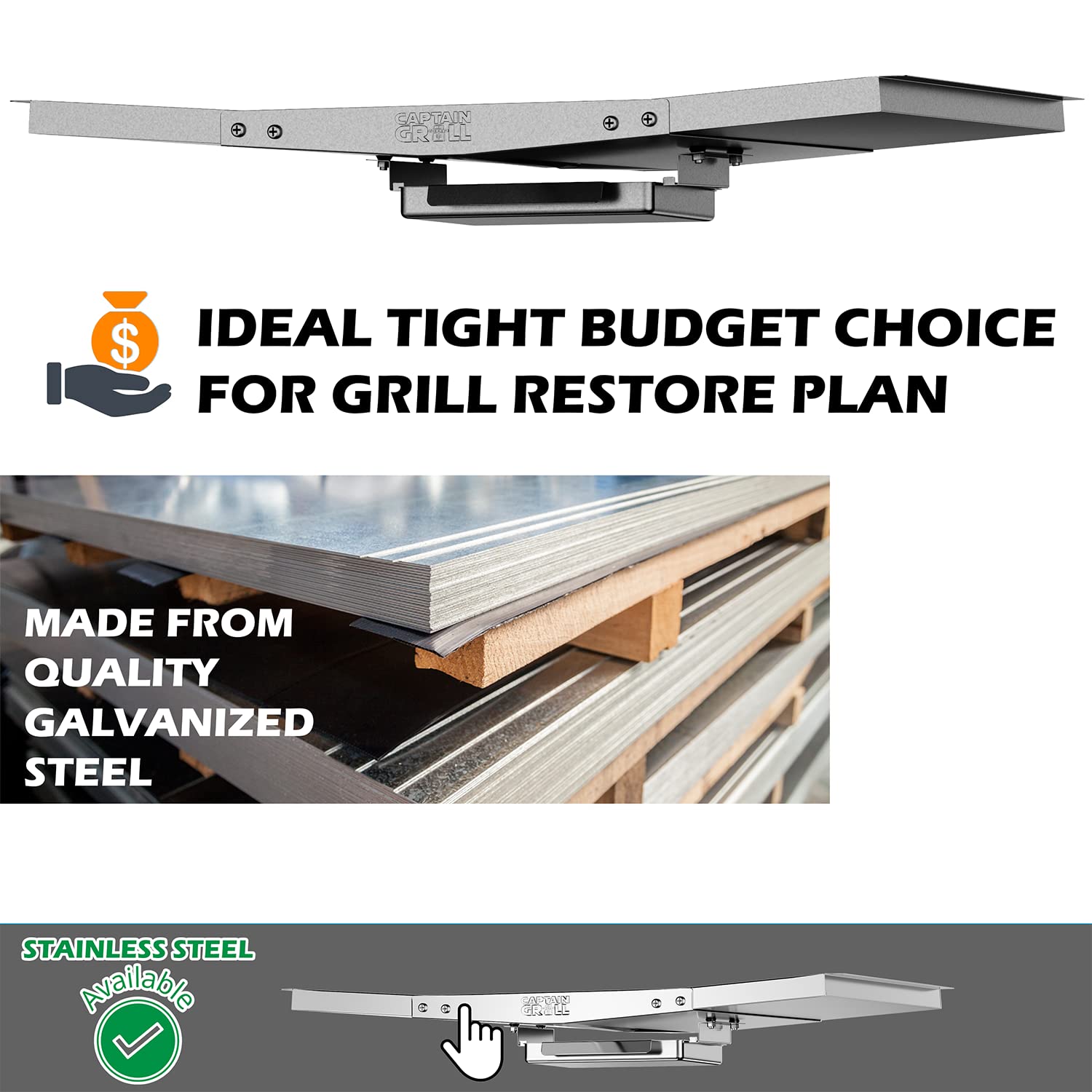 CaptainGrill adjustable-width tray fits 24–30 inches for versatile use.
