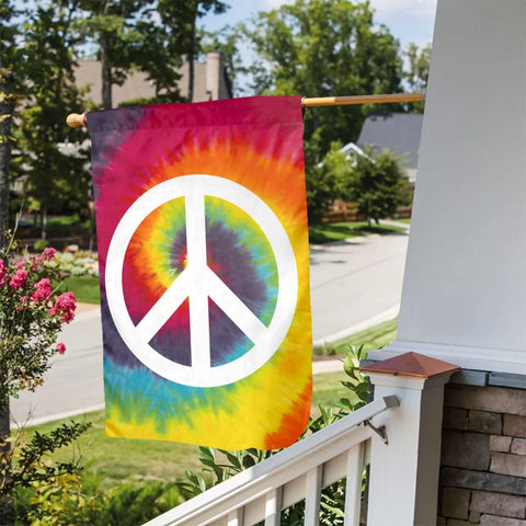 Caqqweiz Tie Dye Peace Flag close-up colors highlight colorfast, fade-resistant print.