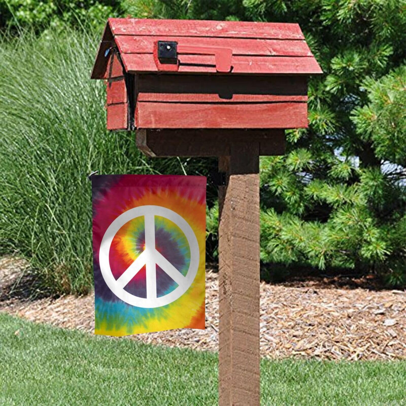 Caqqweiz Tie Dye Peace Flag wind-ready fabric withstands breeze for outdoor display.
