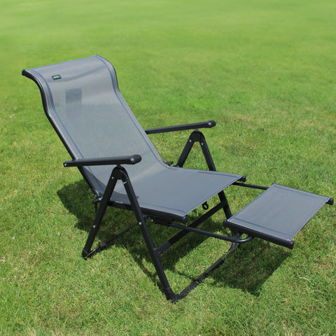 Caravan Sports Ergo+ built-in footrest extends for full-leg support during outdoor lounging.