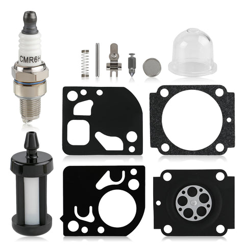 CARBBIA carburetor kit front view with rebuild components for Stihl models.
