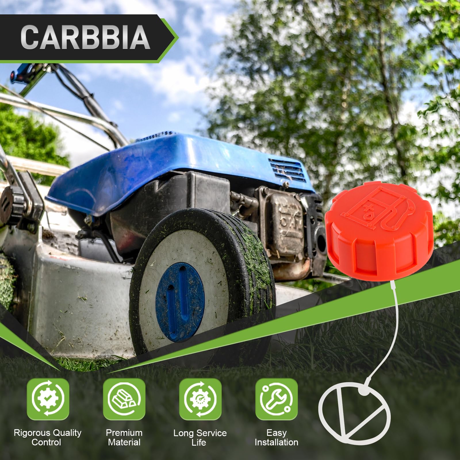 CARBBIA fuel cap assembly image, package-ready, includes one fuel cap.