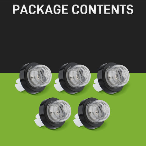 CARBBIA primer bulb against green surface highlights durable replaceable part.