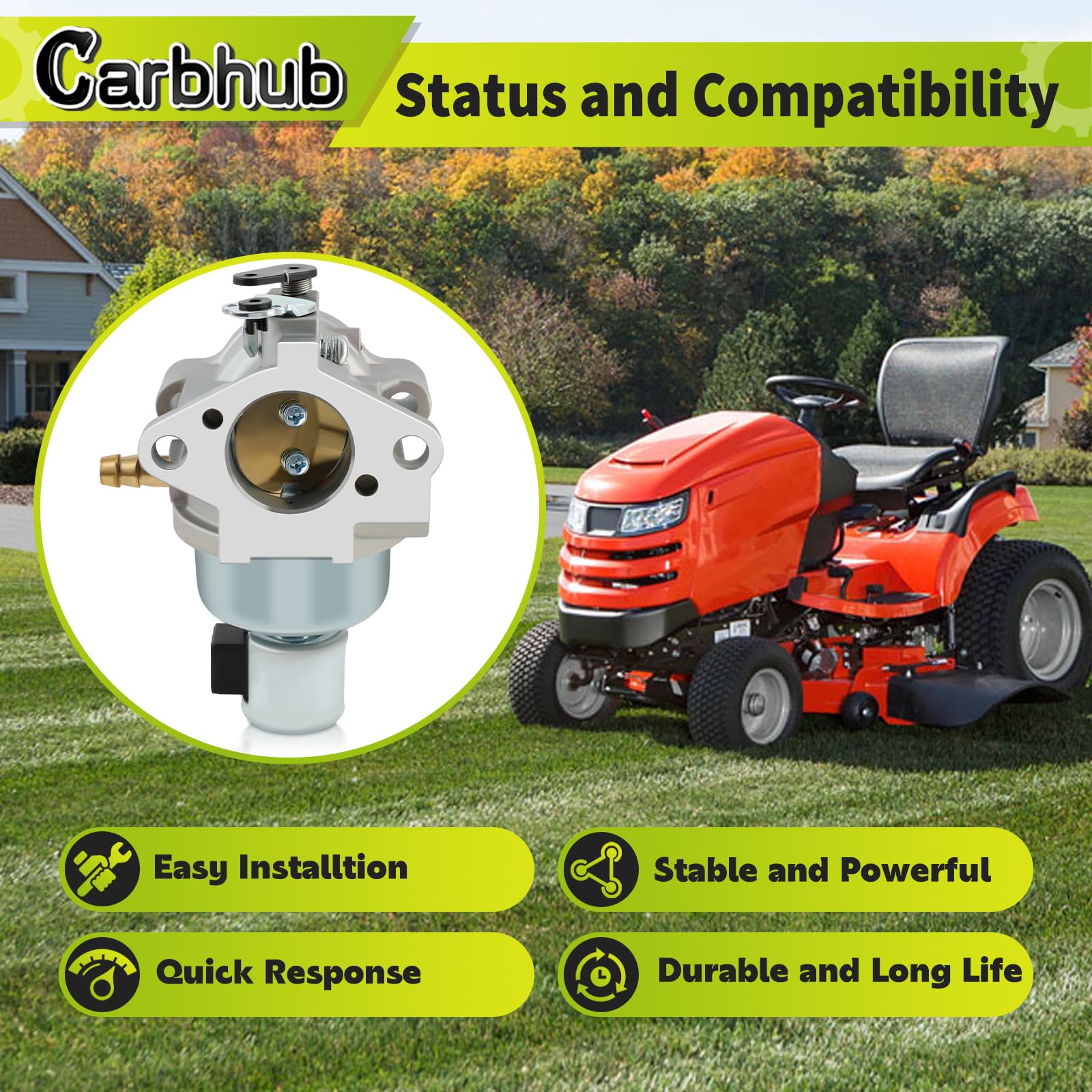 Carbhub carburetor kit assembly image, includes essential gasket and clamps for quick install.