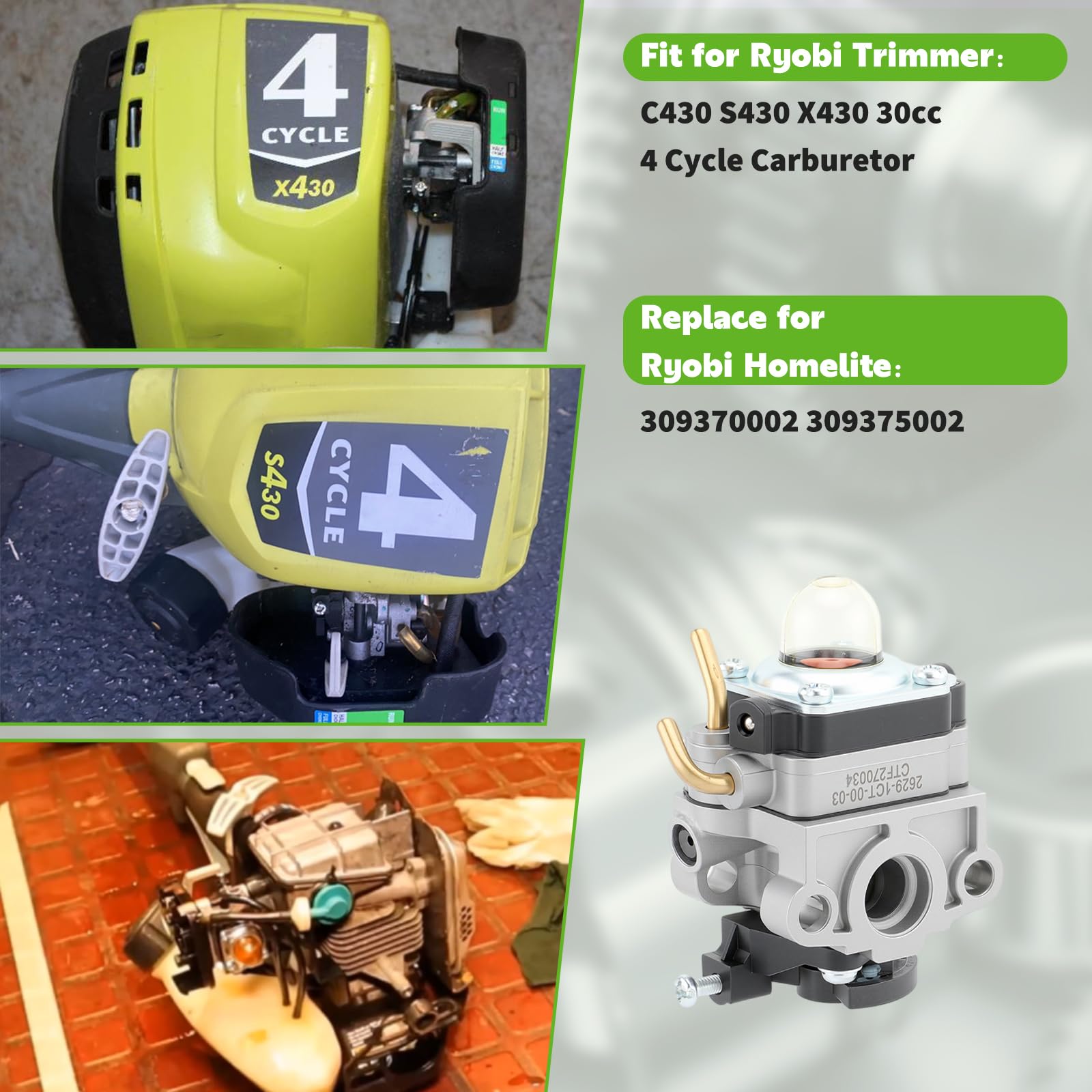Carbhub carburetor close-up with clean finish, improves throttle response on Ryobi 30cc trimmers.