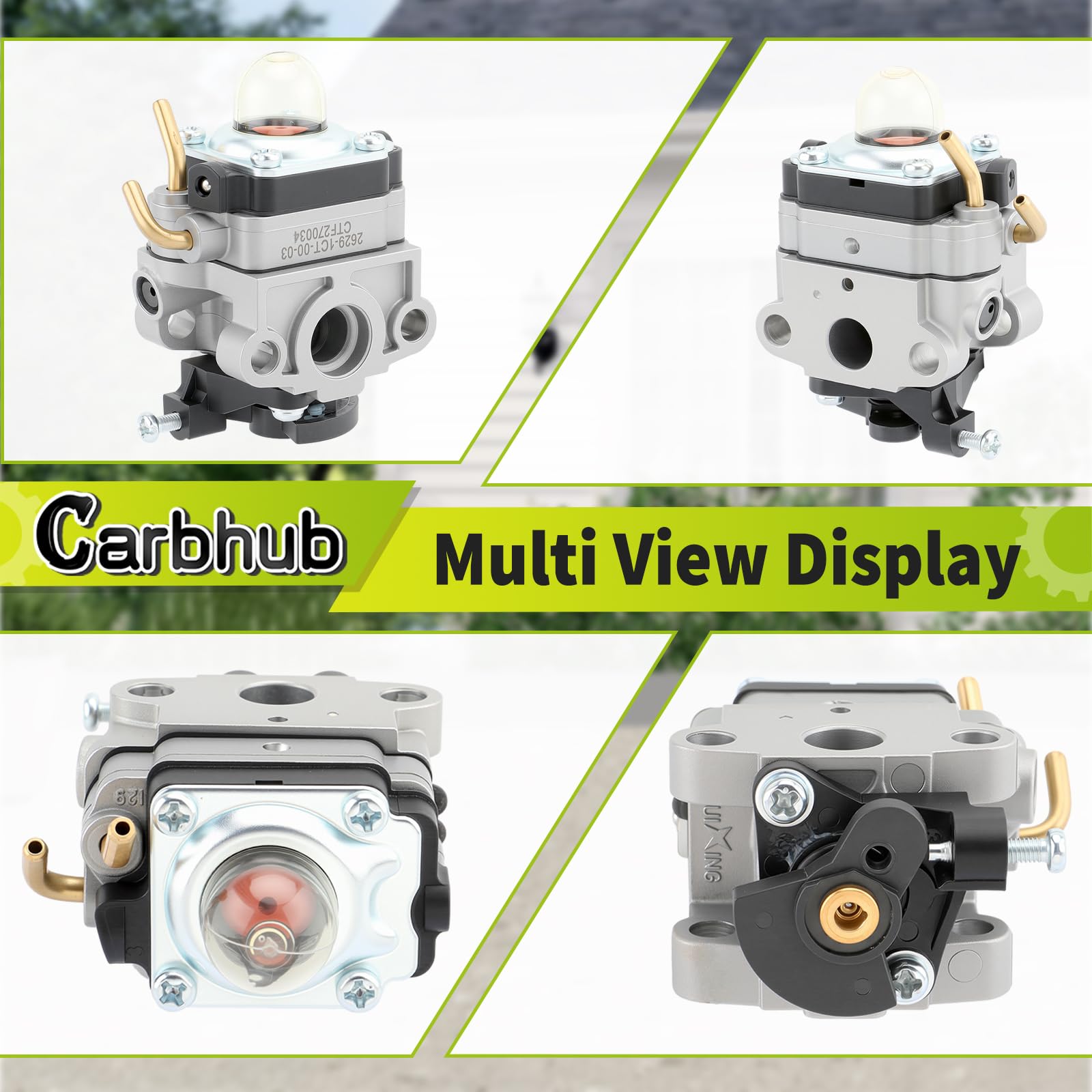 Carbhub carburetor fit view shows compatibility across multiple 30cc Ryobi and Homelite models.