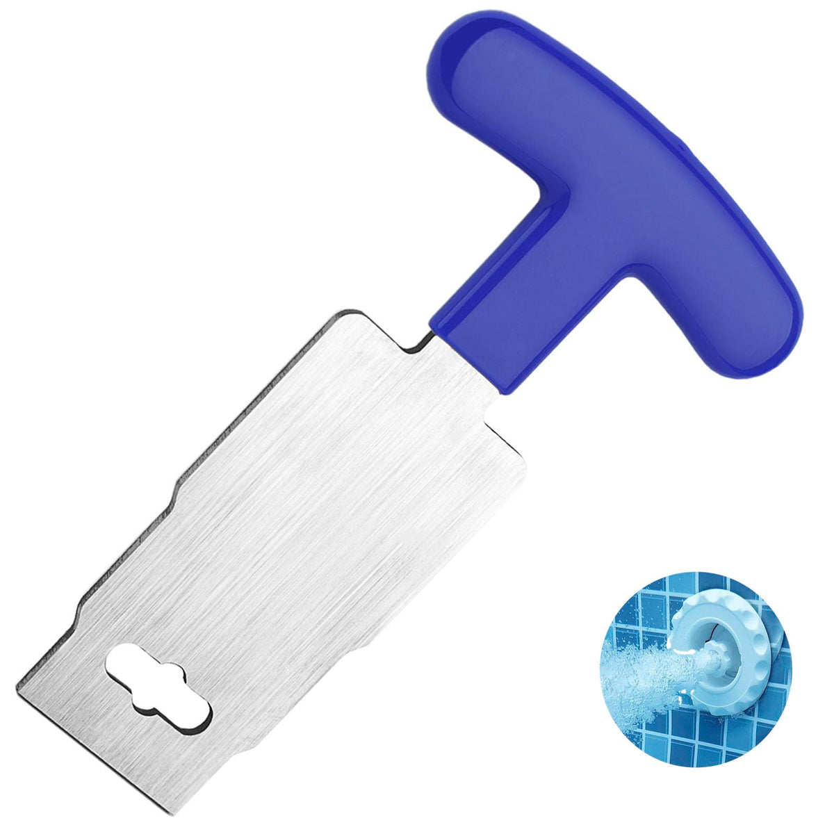 Card Holder pool plug removal tool with blue handle for comfortable grip during use