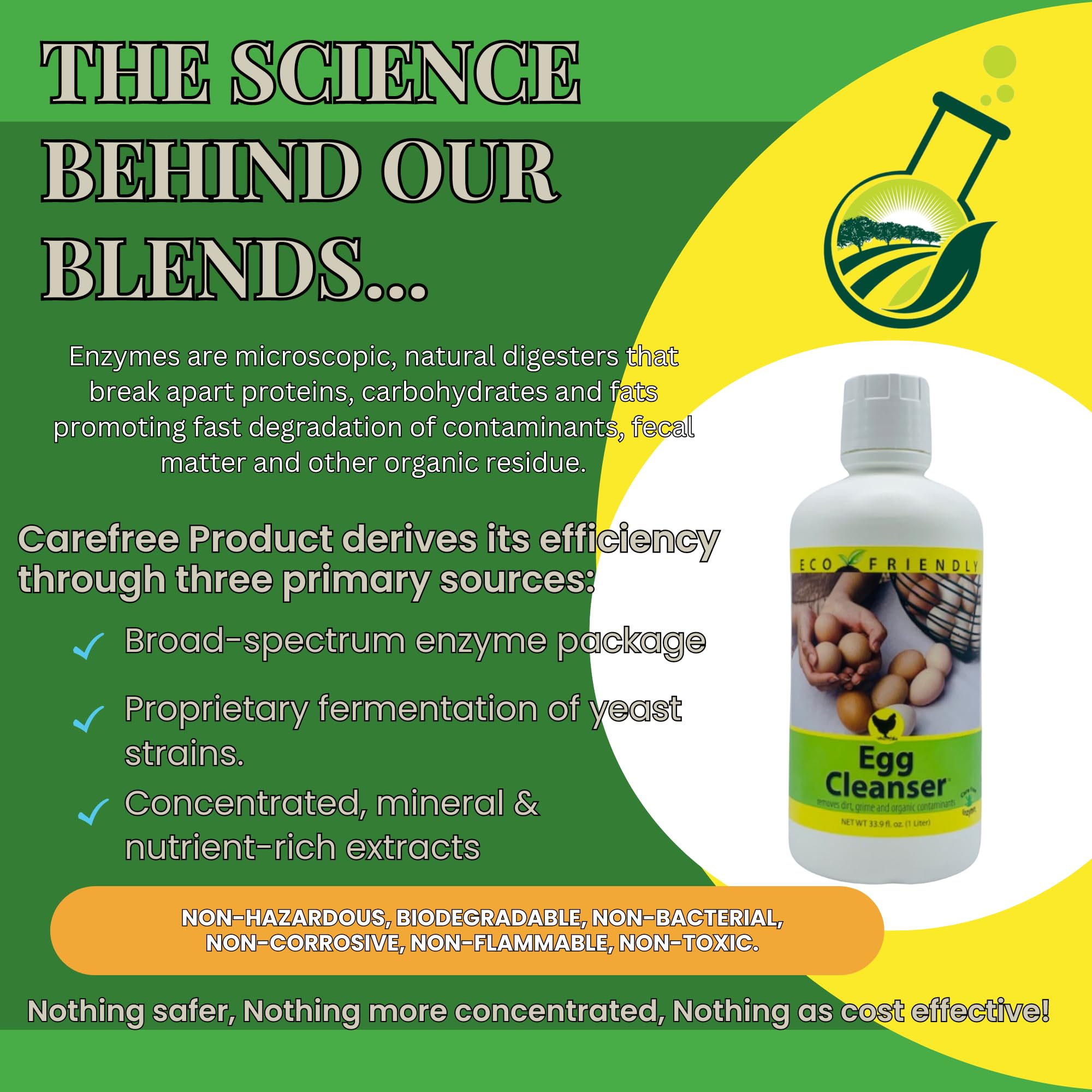 CareFree Enzymes front label detail emphasizes safety and no harsh chemicals.