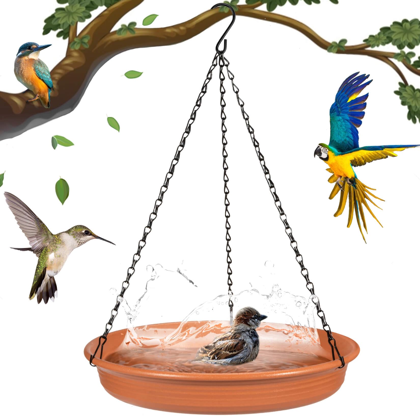 CARGEN hanging bird bath on a branch invites birds to bathe and drink