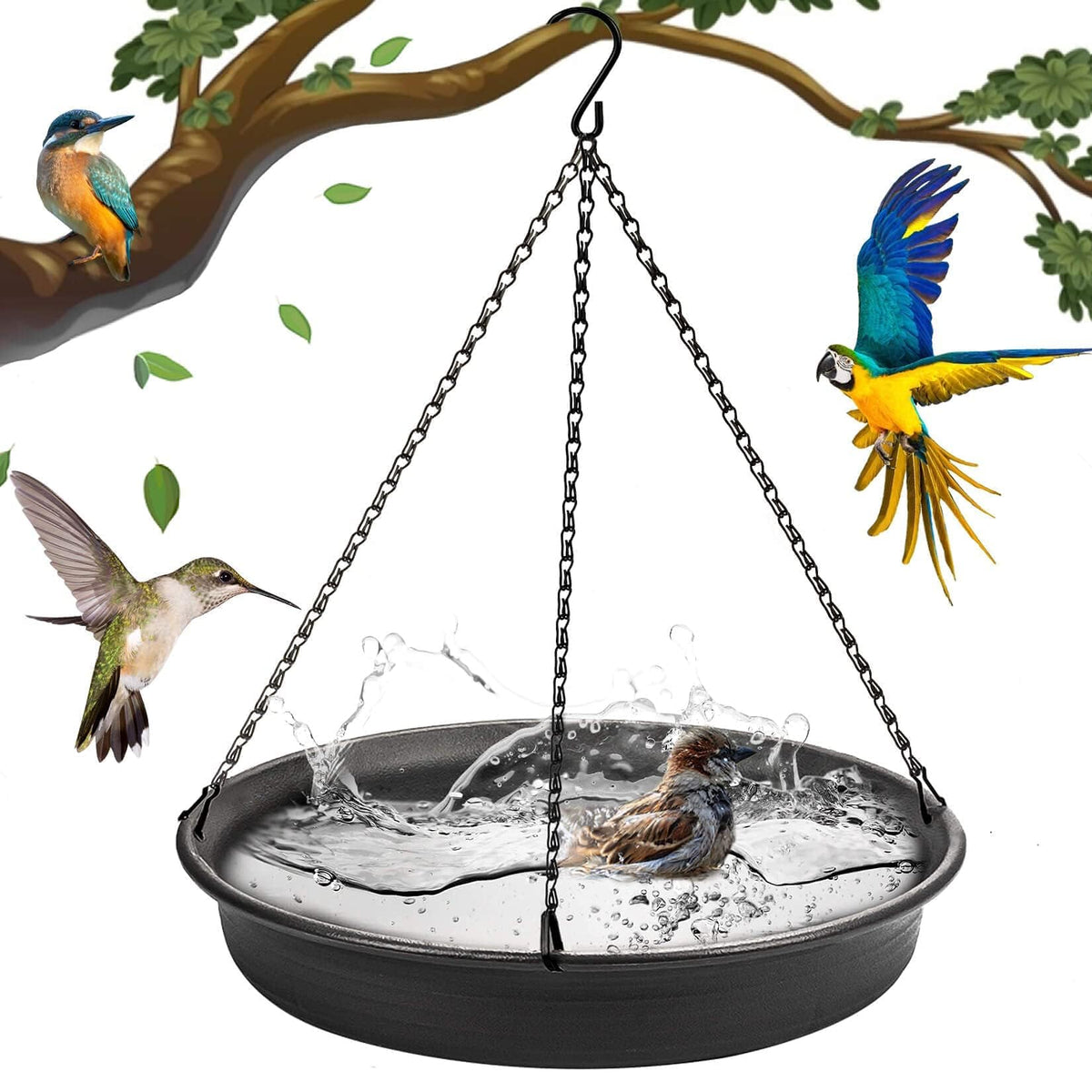 CARGEN hanging birdbath tray on a branch attracts birds for relaxing outdoor views.