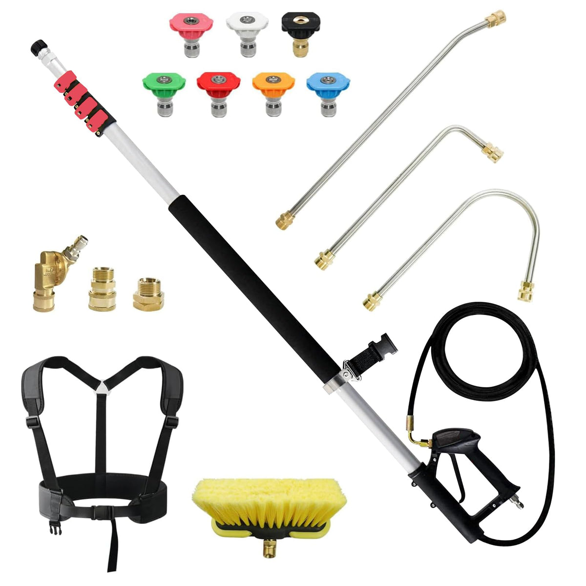 Carivia 24 ft extension wand extended to reach high surfaces for safe outdoor cleaning.