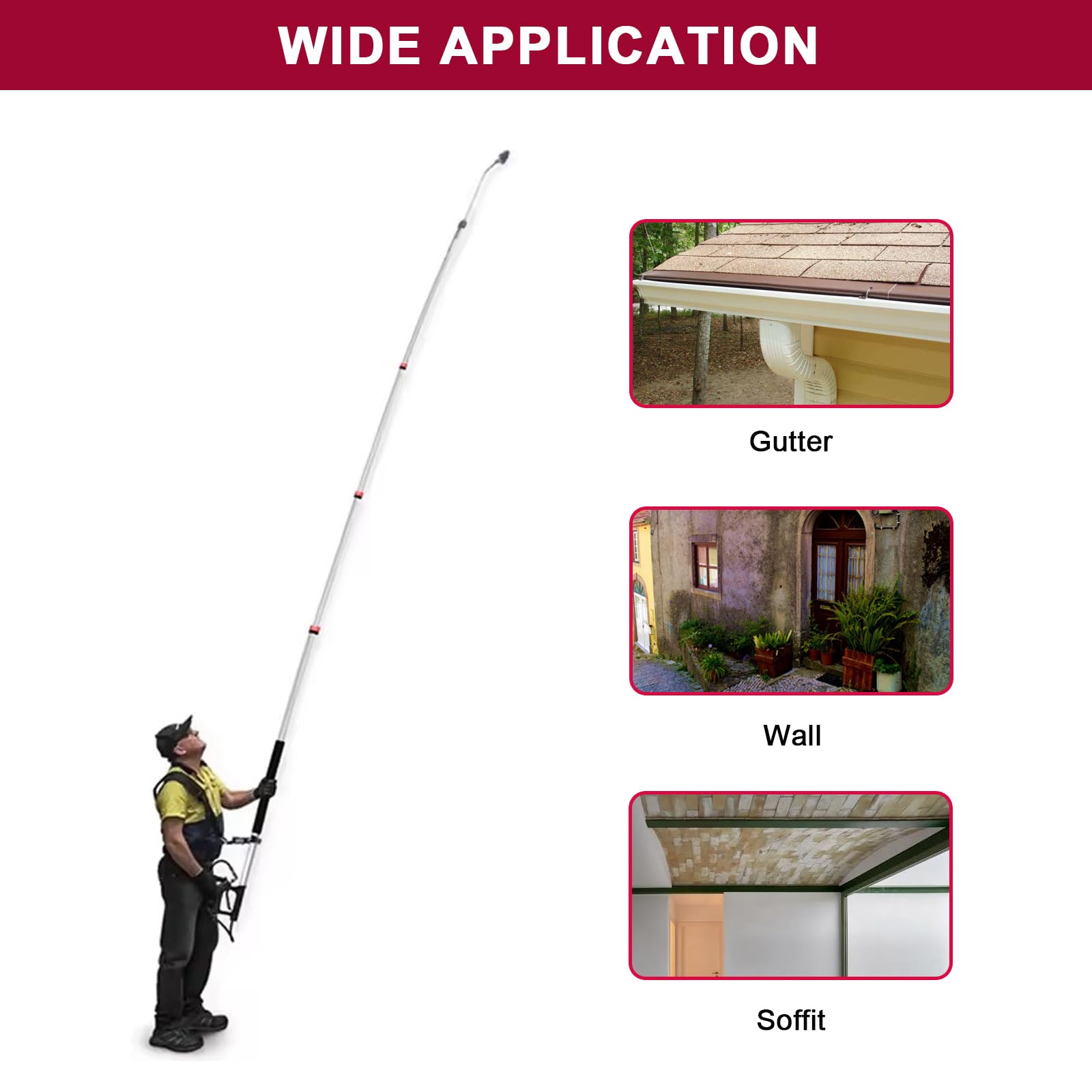 Carivia extended wand in use to reach second-story surfaces without ladders.