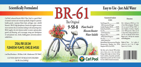 Carl Pool BR-61 label emphasizes easy-to-use fertilizer for vibrant growth.