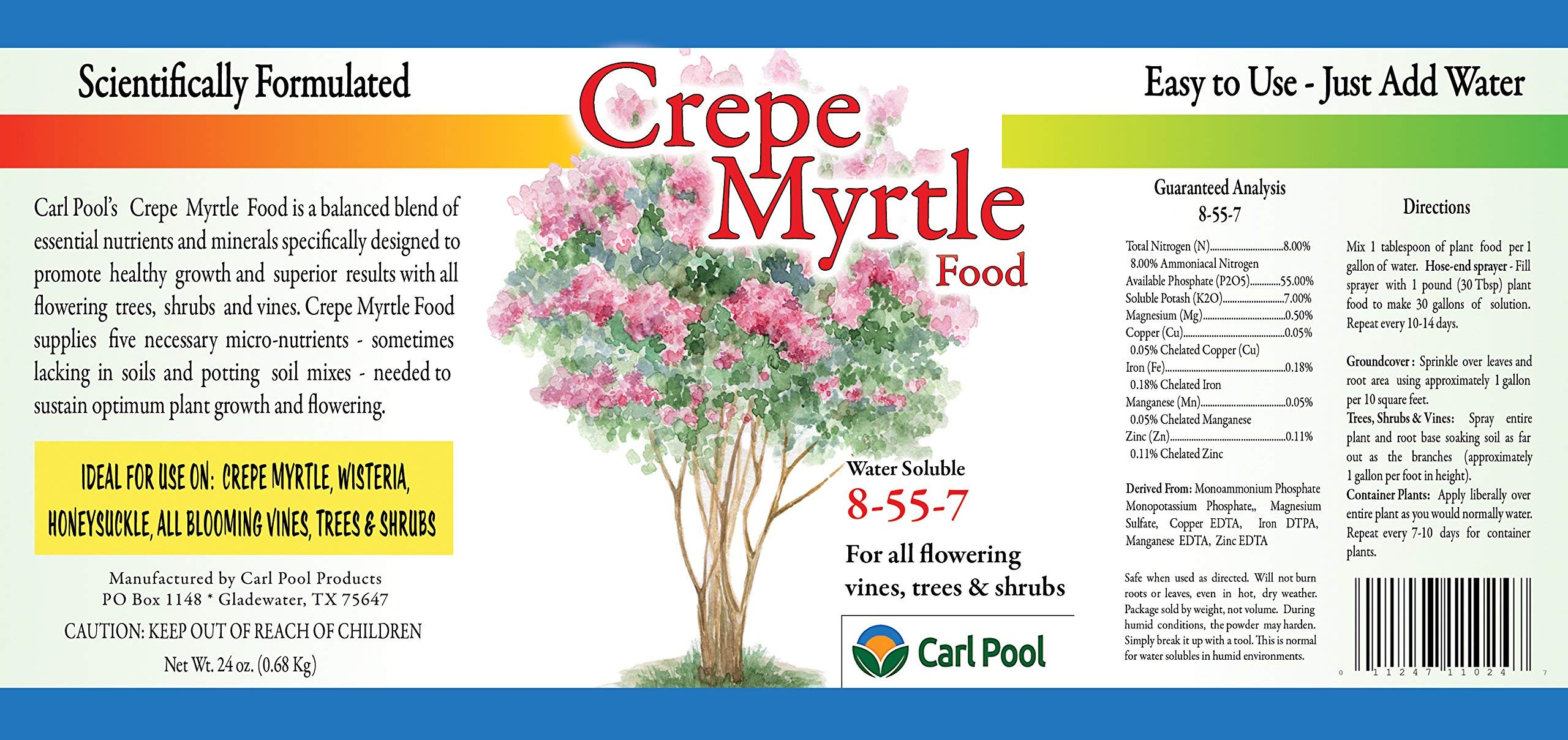 Carl Pool Crepe Myrtle Plant Food 24oz bottle offers root and leaf feeding options.