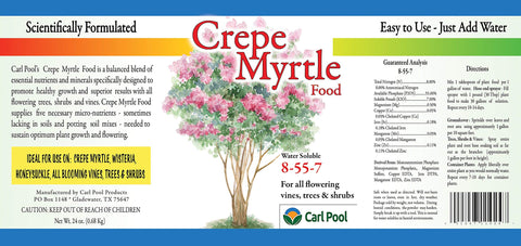 Carl Pool Crepe Myrtle Plant Food 24oz bottle offers root and leaf feeding options.