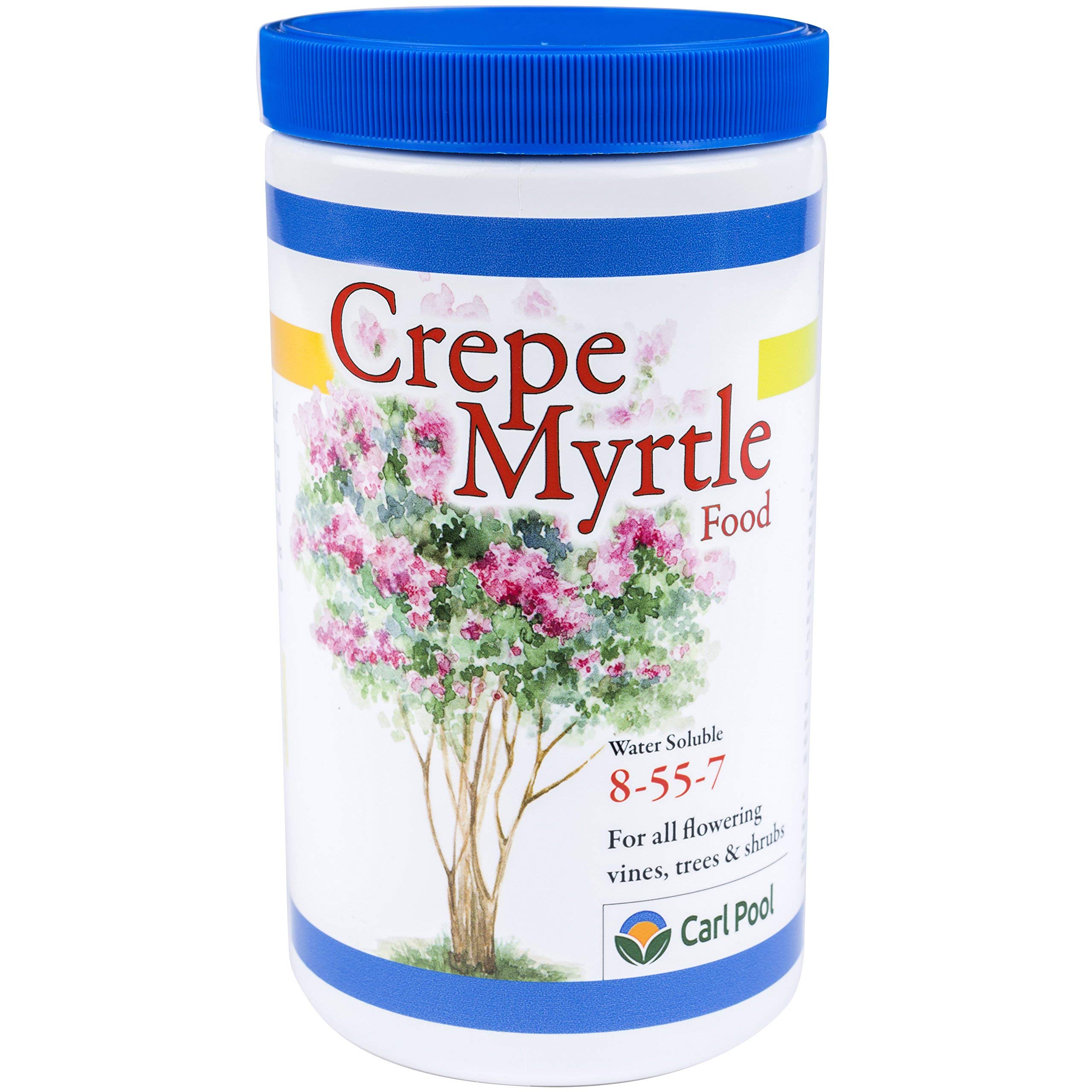 Carl Pool Crepe Myrtle Plant Food bottle label shows water-soluble formula for rapid feeding.