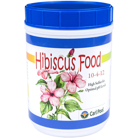 Carl Pool Hibiscus Plant Food granular 10-4-12 bag supporting vibrant hibiscus growth.