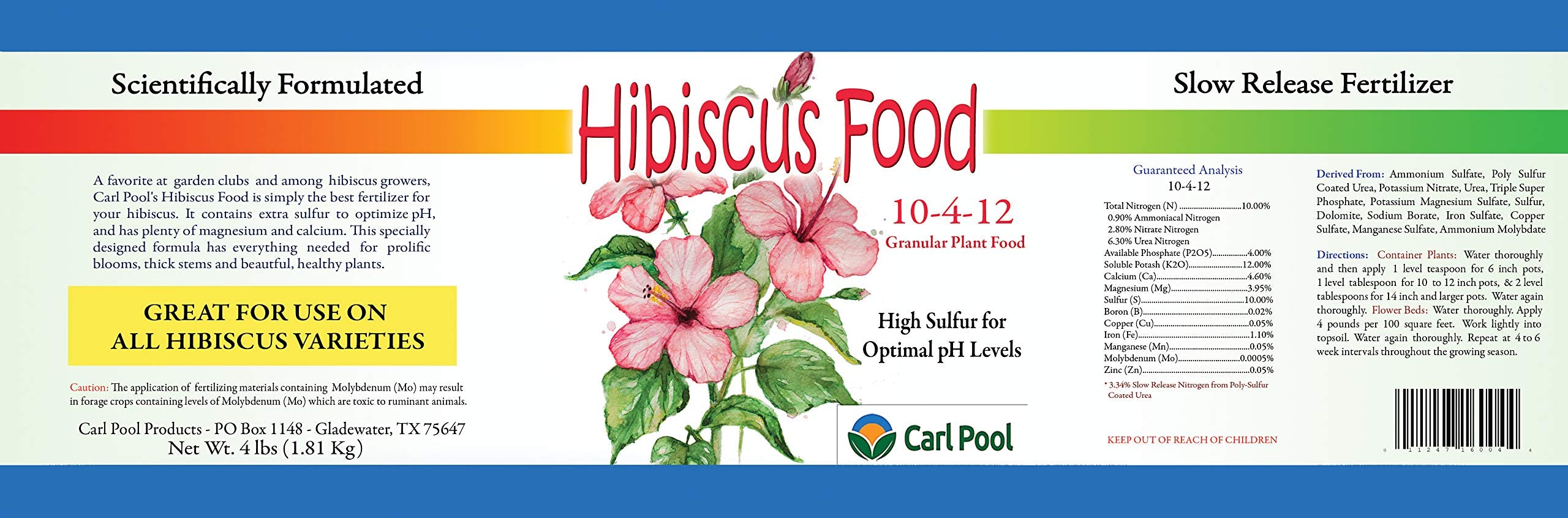 Carl Pool Hibiscus Plant Food granules shown for strong leaf color and healthy flowering.