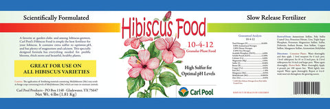 Carl Pool Hibiscus Plant Food granules shown for strong leaf color and healthy flowering.