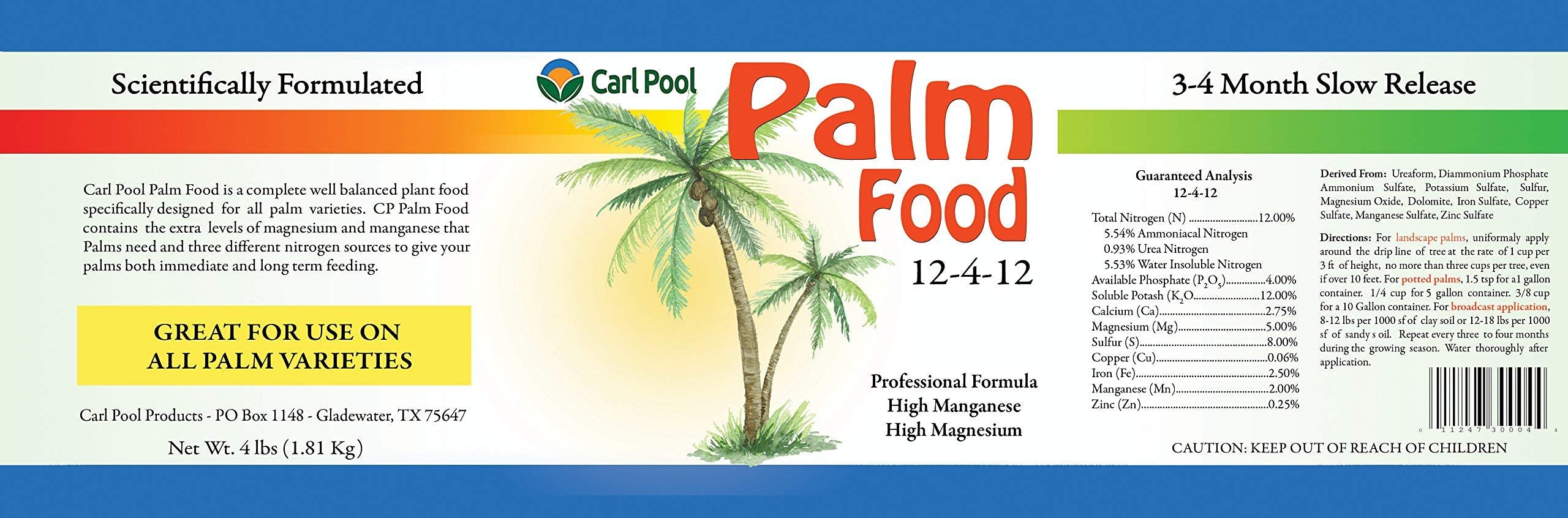 Carl Pool Palm Food container illustrating ready-to-use palm fertilizer with magnesium and manganese