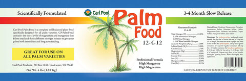 Carl Pool Palm Food container illustrating ready-to-use palm fertilizer with magnesium and manganese